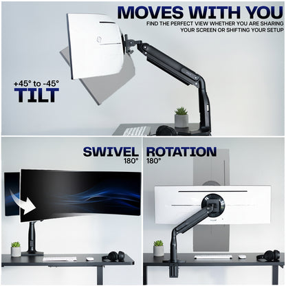 Monitor arm with tilt, swivel, and rotation features on a desk setup.