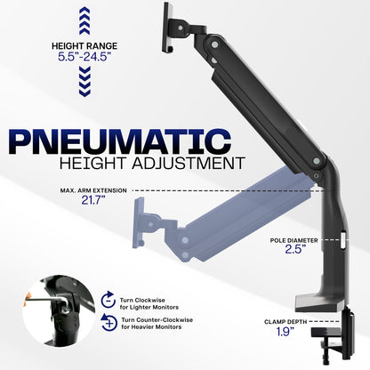 Pneumatic height adjustment arm with specifications on a white background