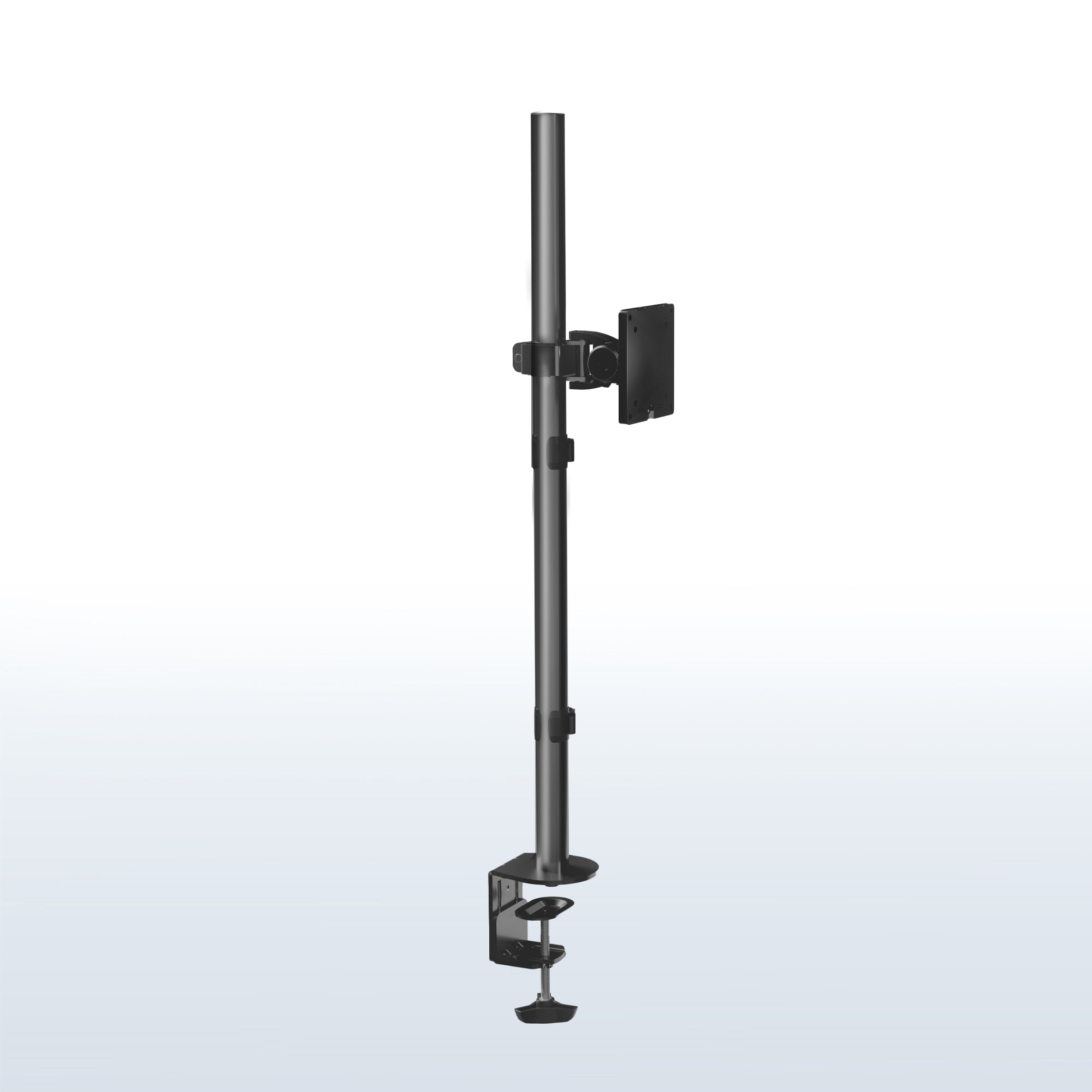 Clamp-on single monitor ultrawide desk mount with height adjustment, tilt, swivel, rotation, and built-in cable management.