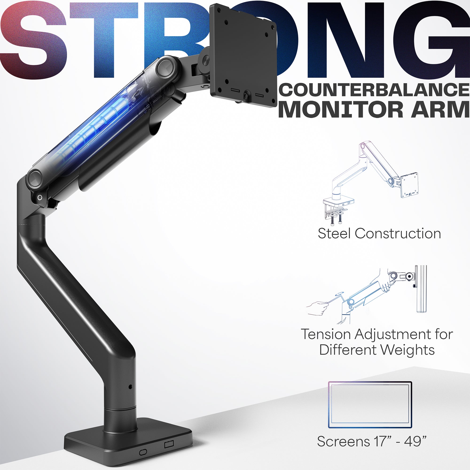 Strong, counterbalance monitor arm