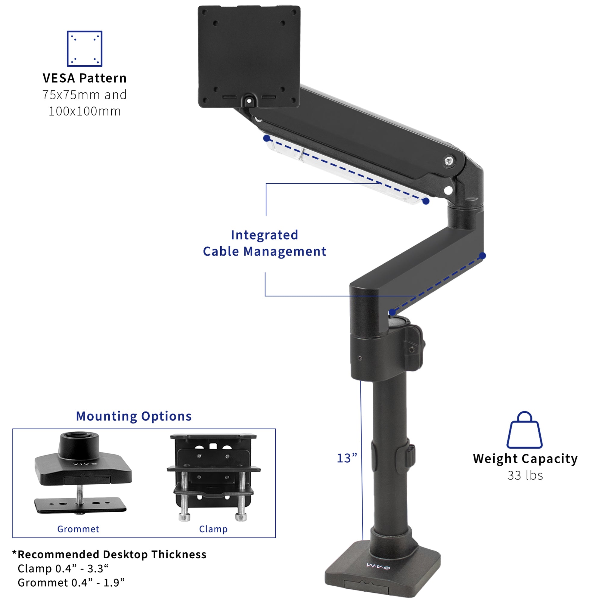 Sturdy adjustable pneumatic arm single ultrawide monitor ergonomic desk mount for office workstation.