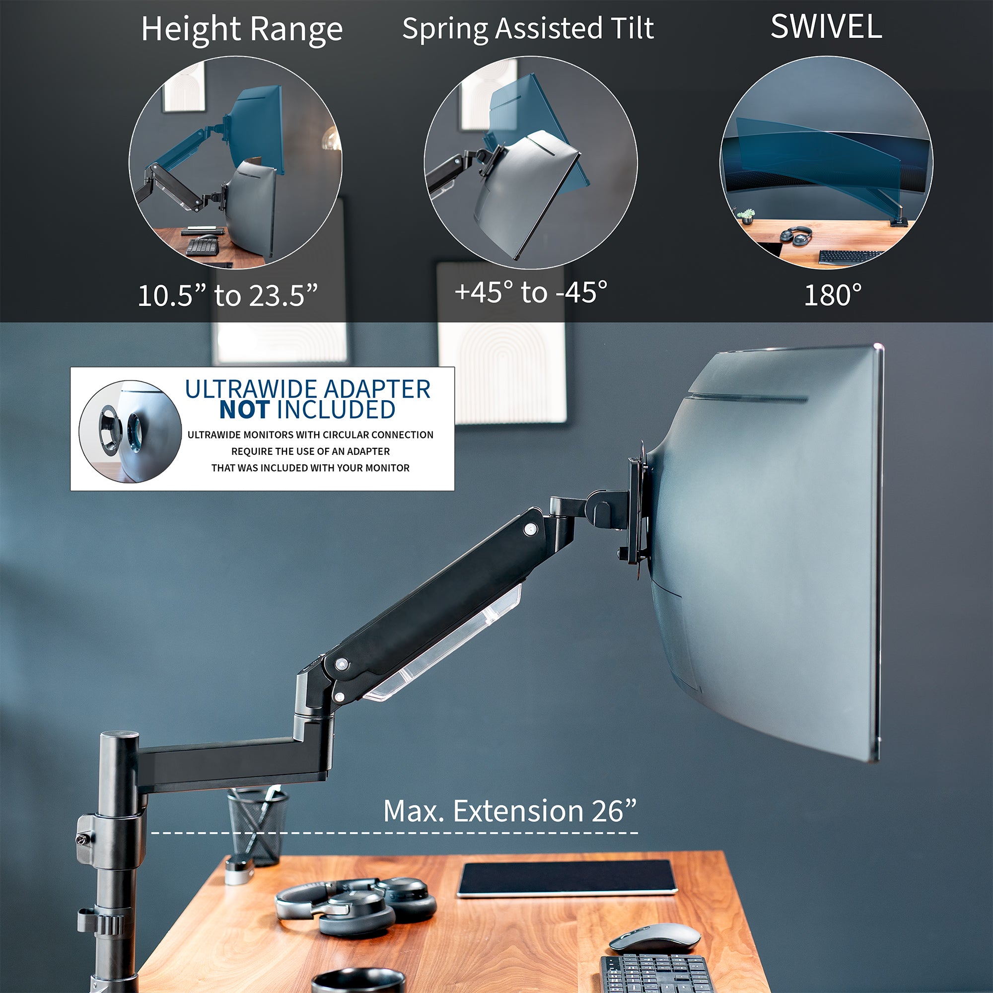 Sturdy adjustable pneumatic arm single ultrawide monitor ergonomic desk mount for office workstation.