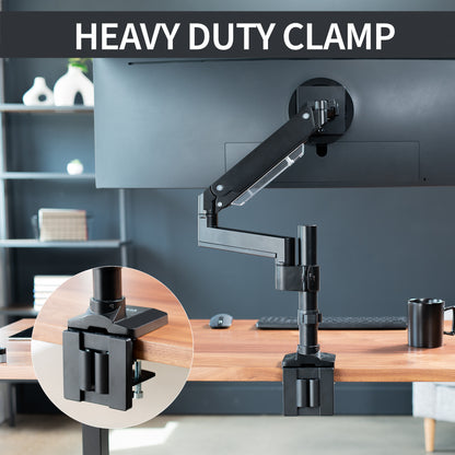 Sturdy adjustable pneumatic arm single ultrawide monitor ergonomic desk mount for office workstation.