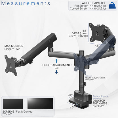 Dual Monitor Arms: Provides excellent support for two monitor screens with a built-in elbow spring gauge for seamless adjustment