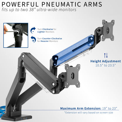 Adjustable pneumatic dual monitor desk mount with USB ports for ultrawide monitors.