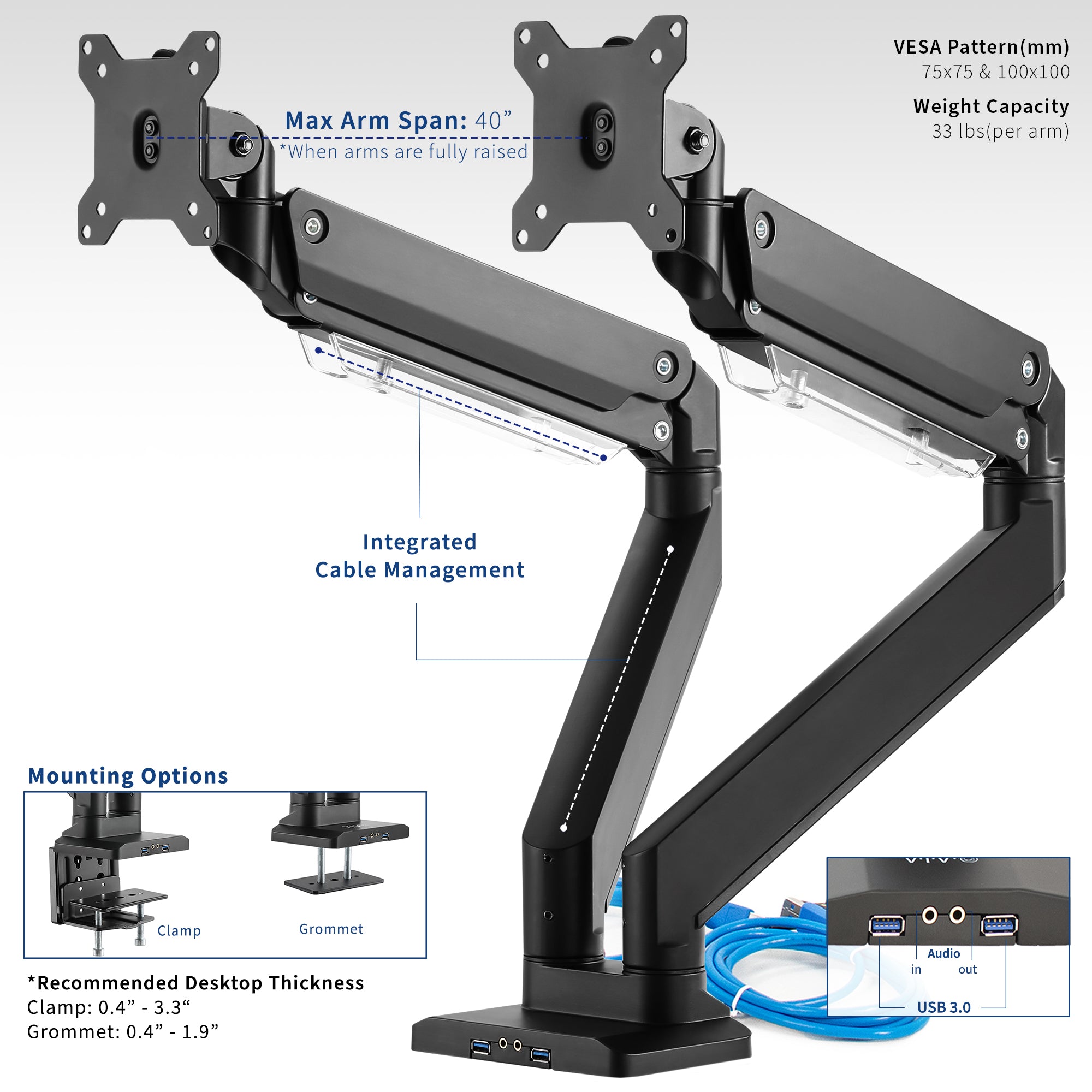 Adjustable pneumatic dual monitor desk mount with USB ports for ultrawide monitors.