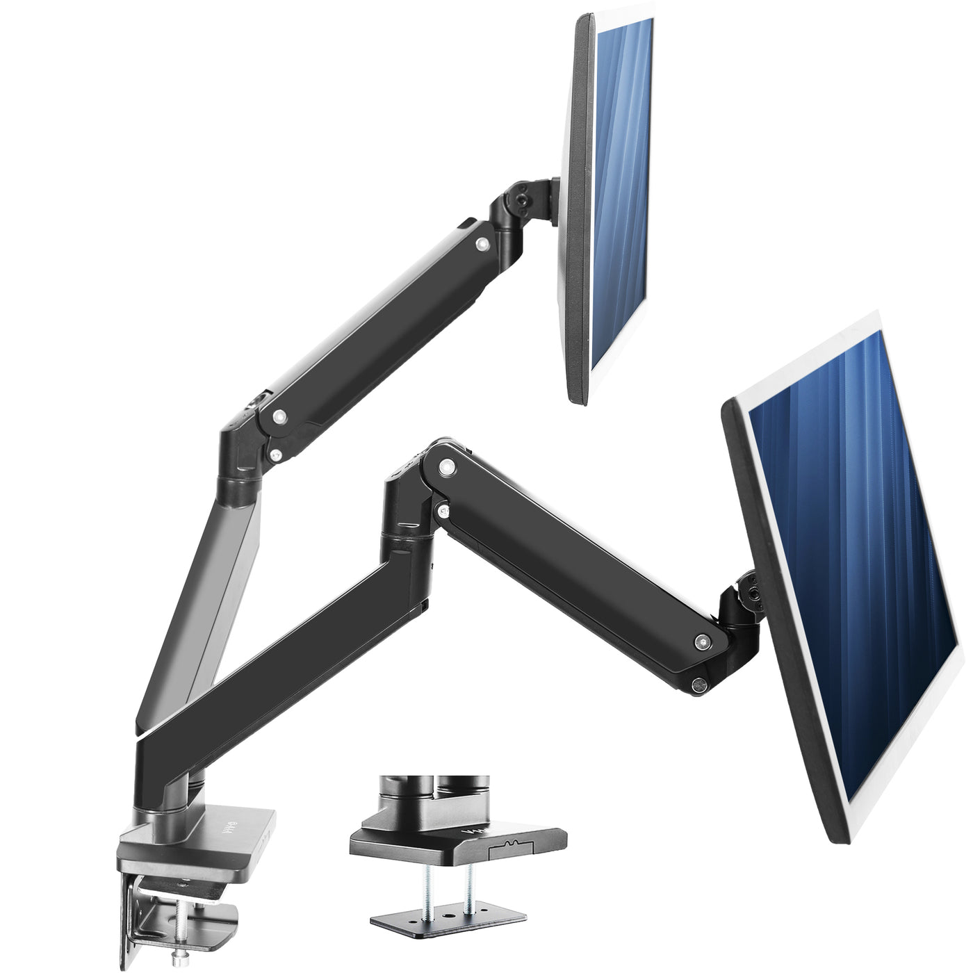 Adjustable pneumatic dual monitor desk mount for ultrawide monitors.