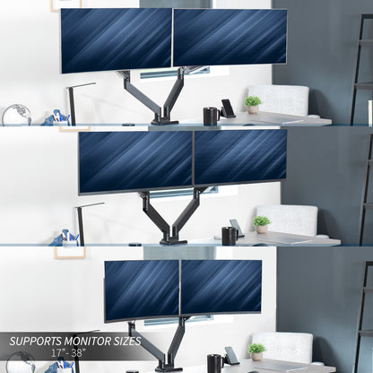 Adjustable pneumatic dual monitor desk mount for ultrawide monitors.