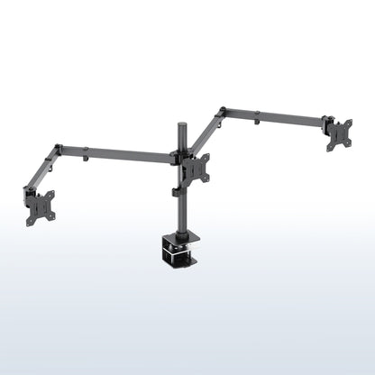 A three-monitor adjustable desktop monitor arm mount with a central vertical column and three extendable arms, shown on a light gray gradient background.