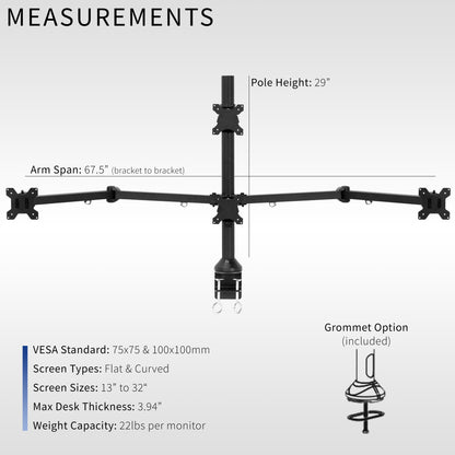 Quad monitor desk mount gives user multiple screens on one stand to multitask and have more viewing flexibility.