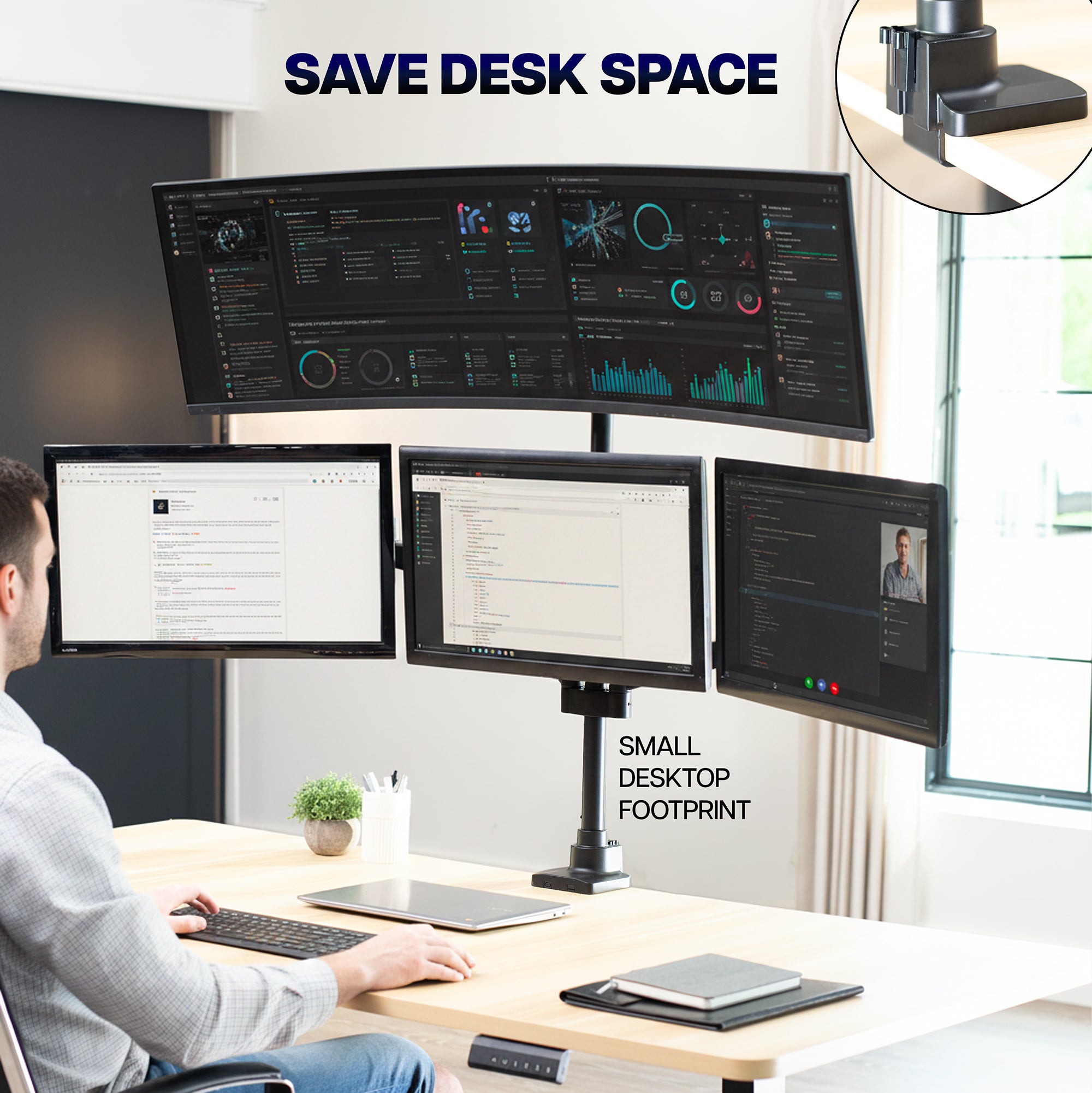 Quad Monitor Desk Stand (2 Mechanical Arms + 2 Fixed) - 17” to 49" Screens