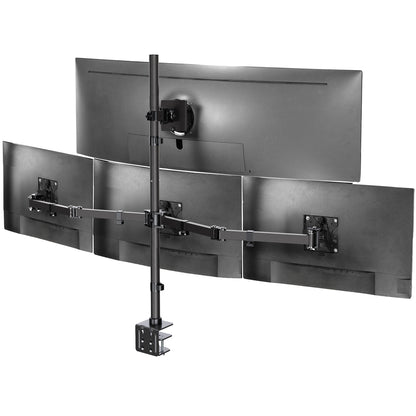 Quad monitor stand with four screens on a white background
