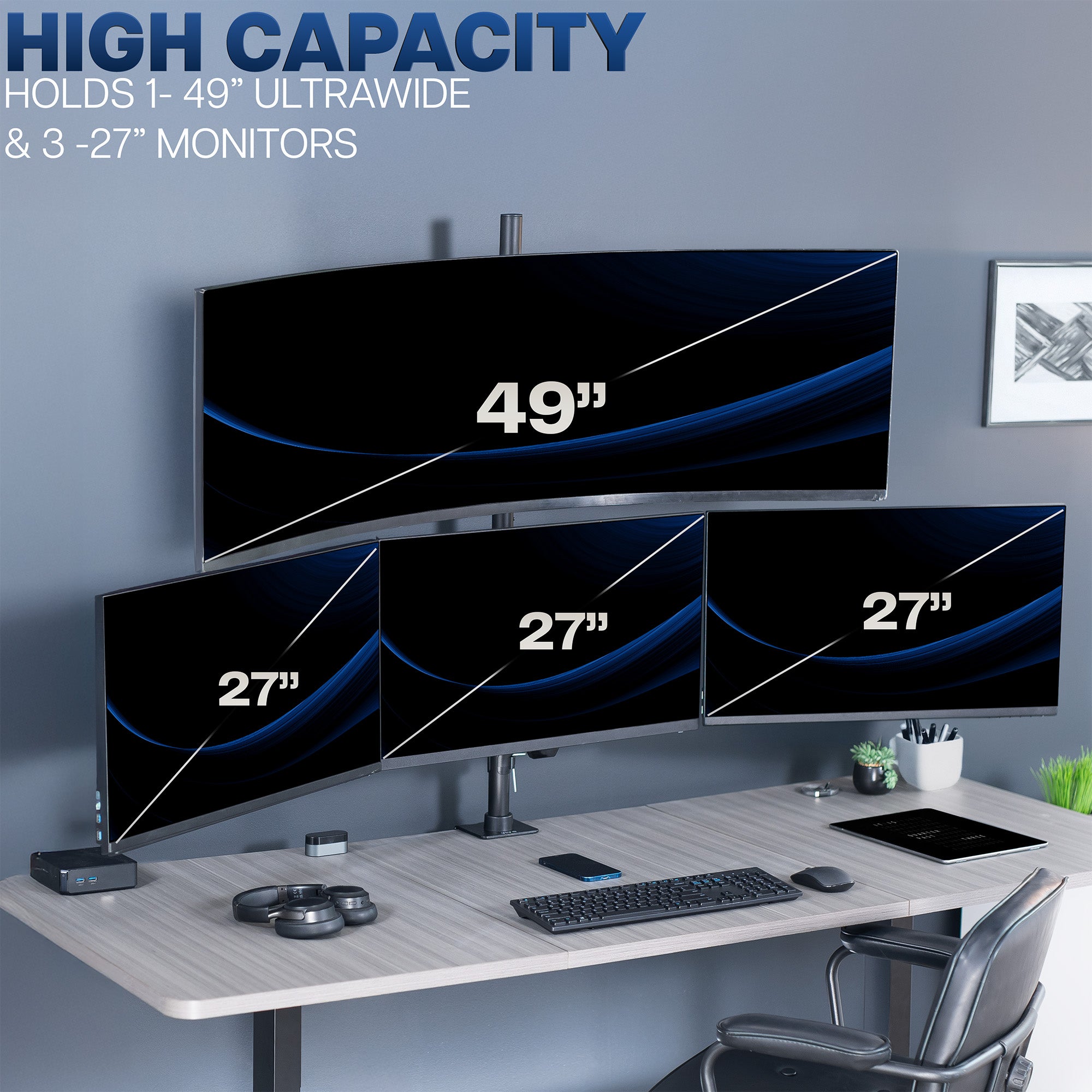 Computer monitors of different sizes on a desk with text indicating capacity for ultrawide and standard monitors.
