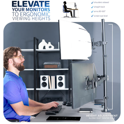 Ergonomic quad monitor stand with a man using a computer.