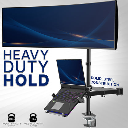 Monitor and laptop on a heavy-duty stand with text indicating weight capacity.