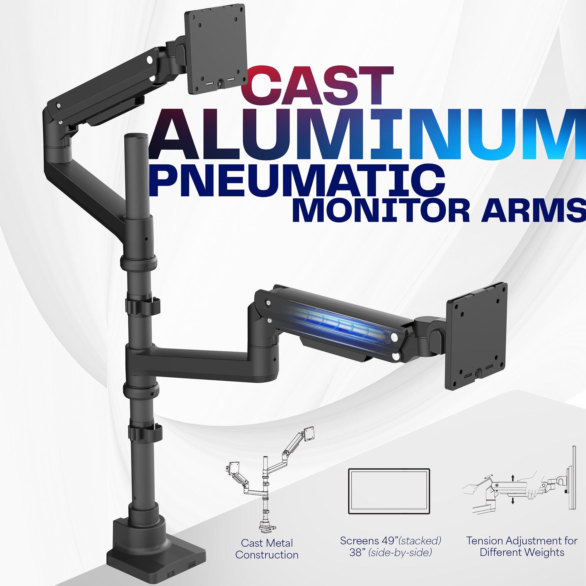 Pneumatic Arm Dual Ultrawide Monitor Extra Tall Desk Mount