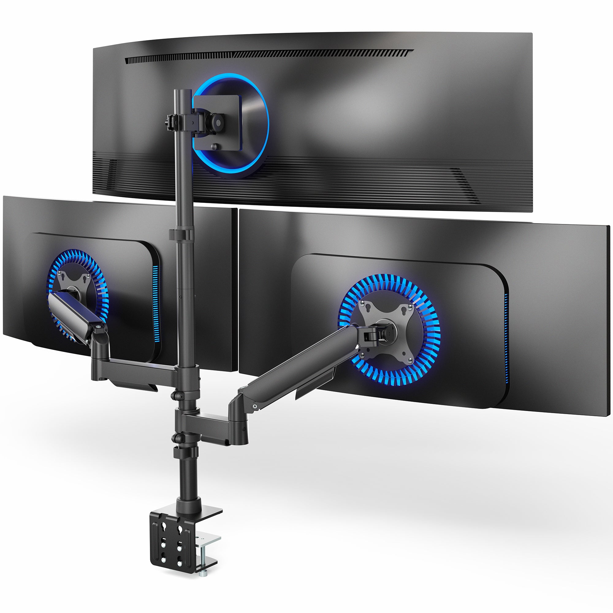 Triple Monitor Desk Mount (2 Mechanical Arms + 1 Fixed) - 32” / 49" Screens