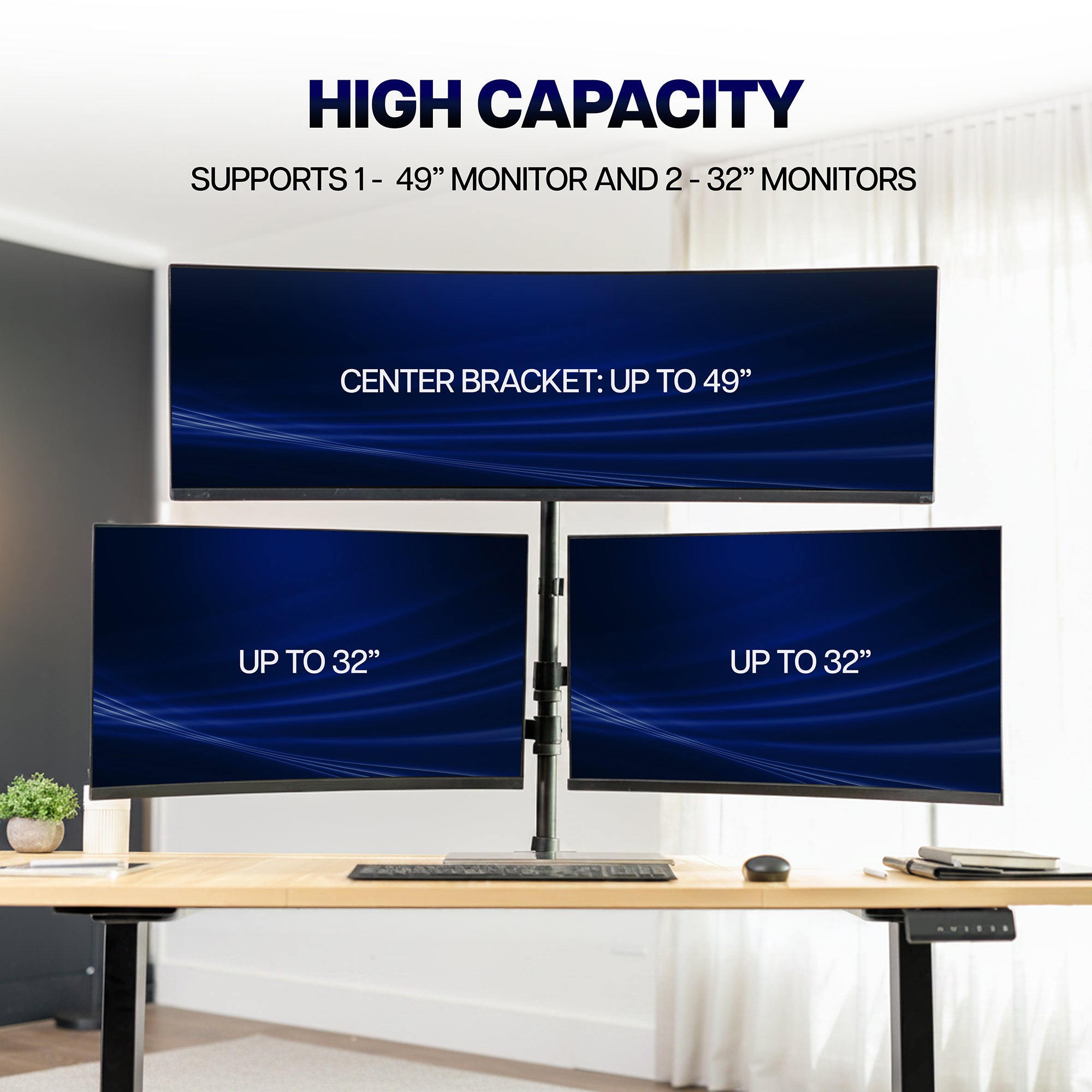 Triple Monitor Desk Mount (2 Mechanical Arms + 1 Fixed) - 32” / 49" Screens