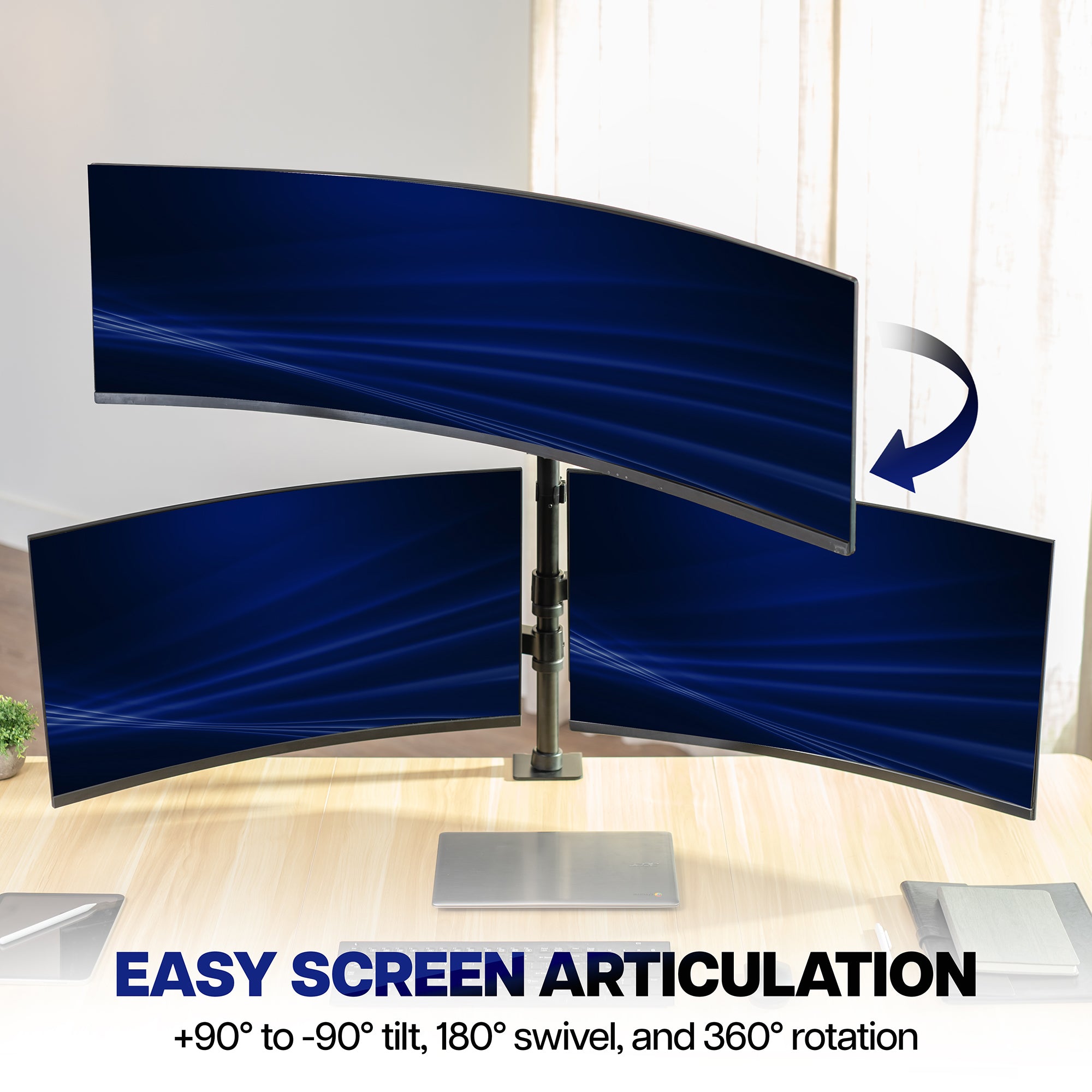 Triple Monitor Desk Mount (2 Mechanical Arms + 1 Fixed) - 32” / 49" Screens