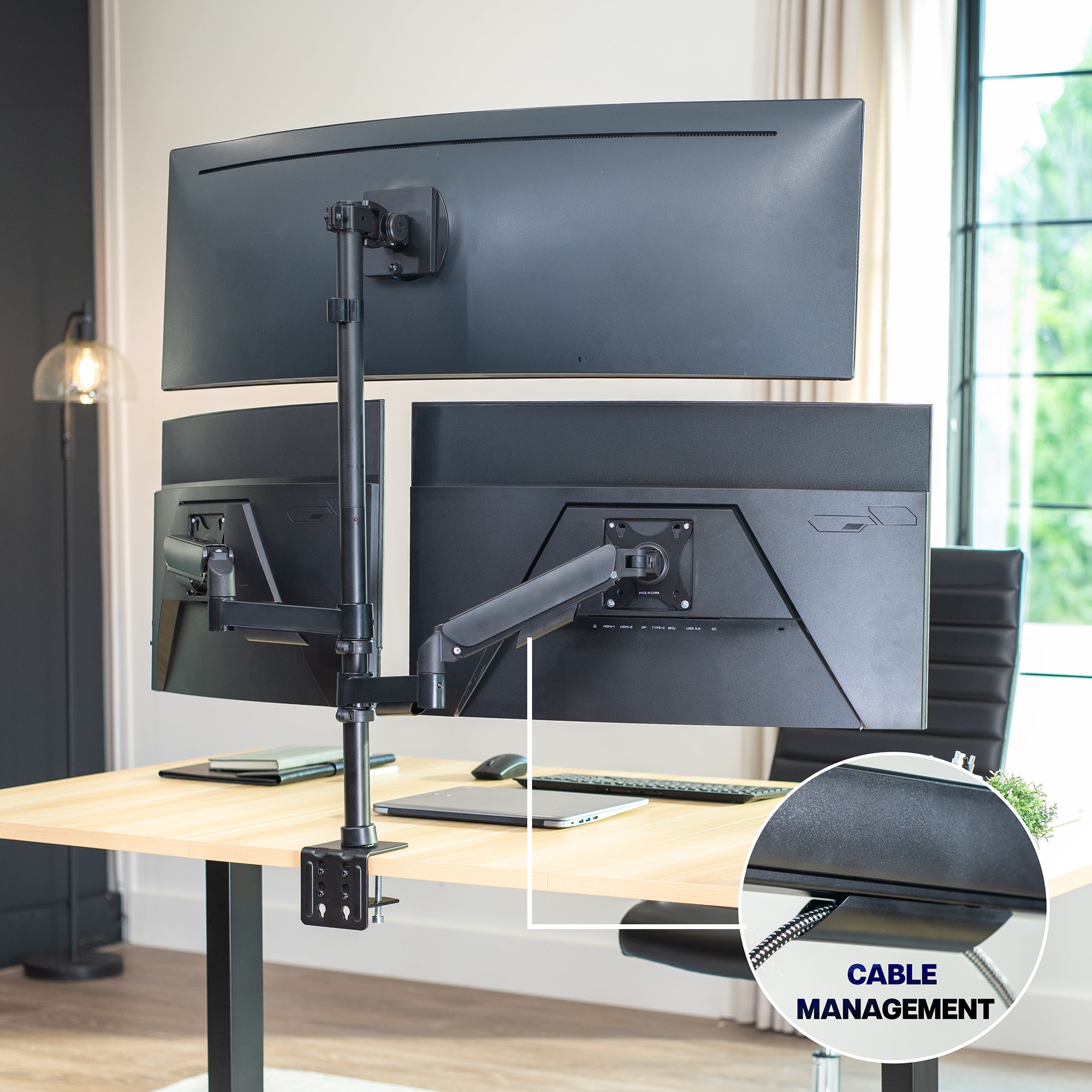 Triple Monitor Desk Mount (2 Mechanical Arms + 1 Fixed) - 32” / 49" Screens