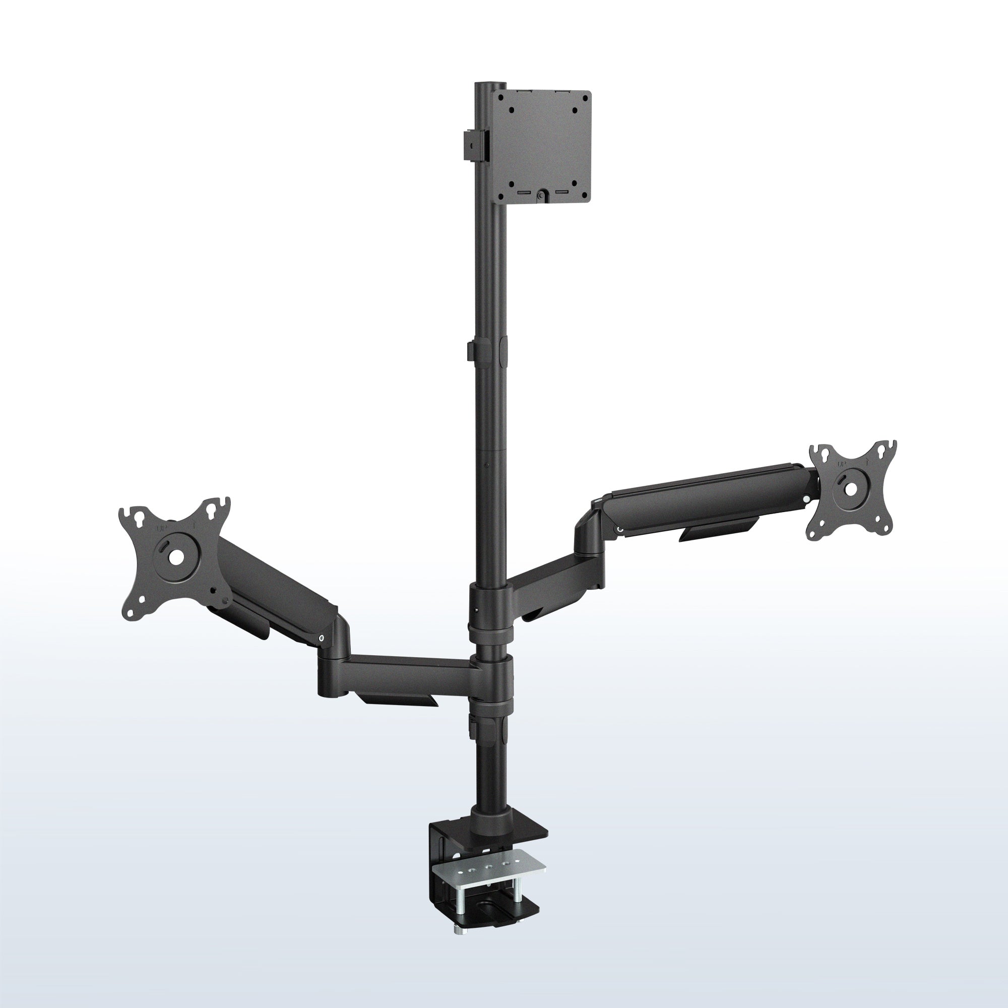 Triple Monitor Desk Mount (2 Mechanical Arms + 1 Fixed) - 32” / 49" Screens