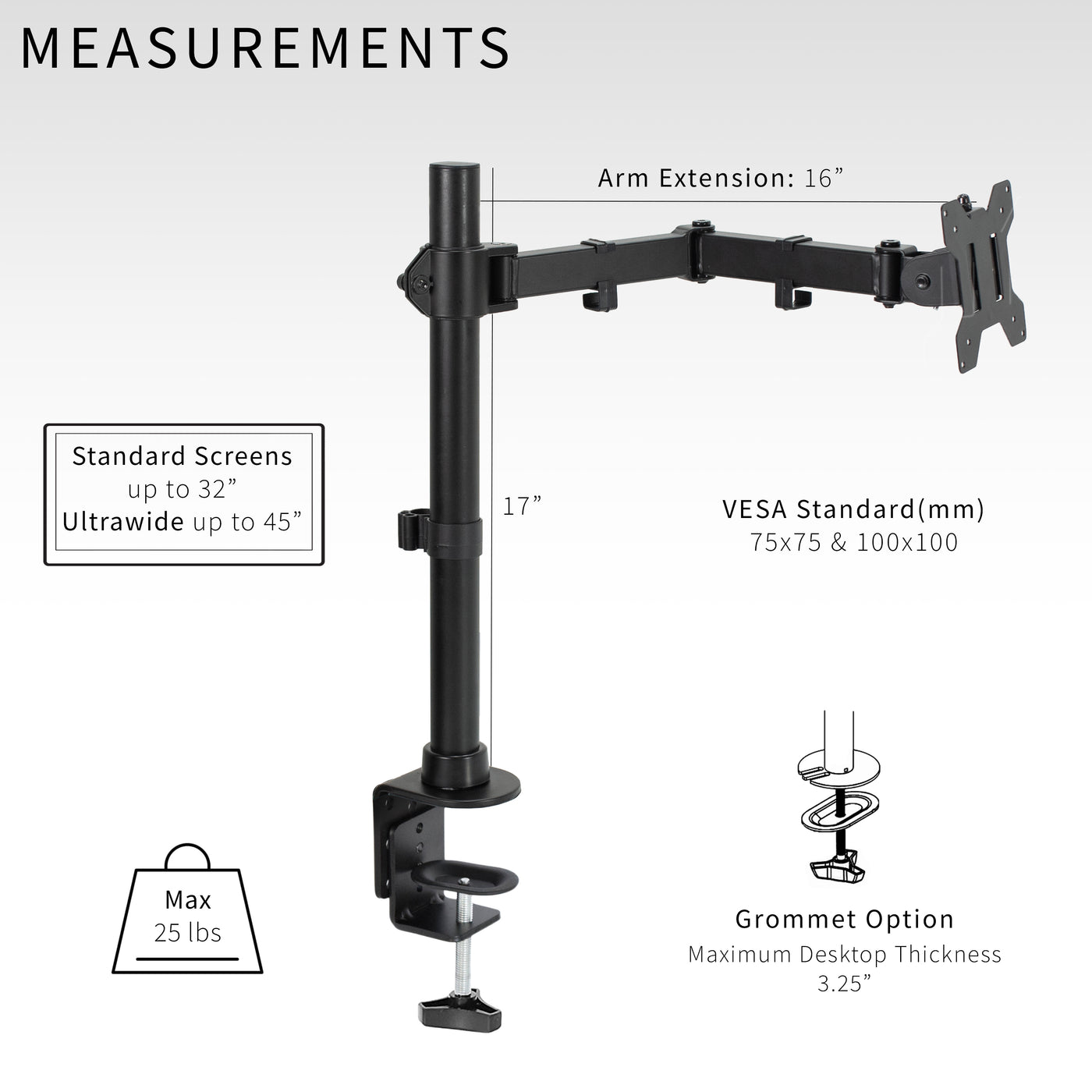 Single Ultrawide Monitor Desk Mount elevates ultra wide monitors to a comfortable viewing angle.