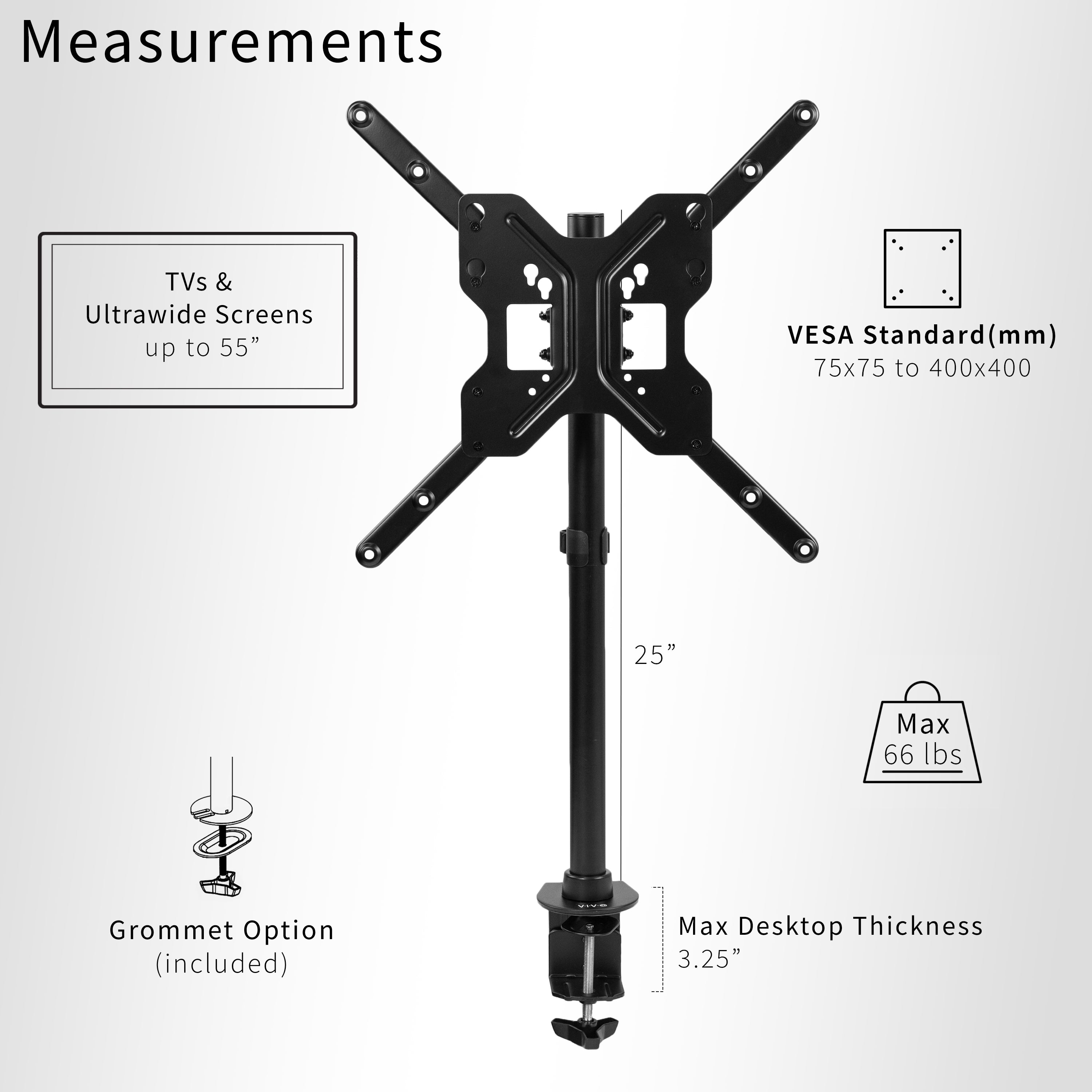 Sturdy wide screen TV desk mount with height adjustment and articulation.