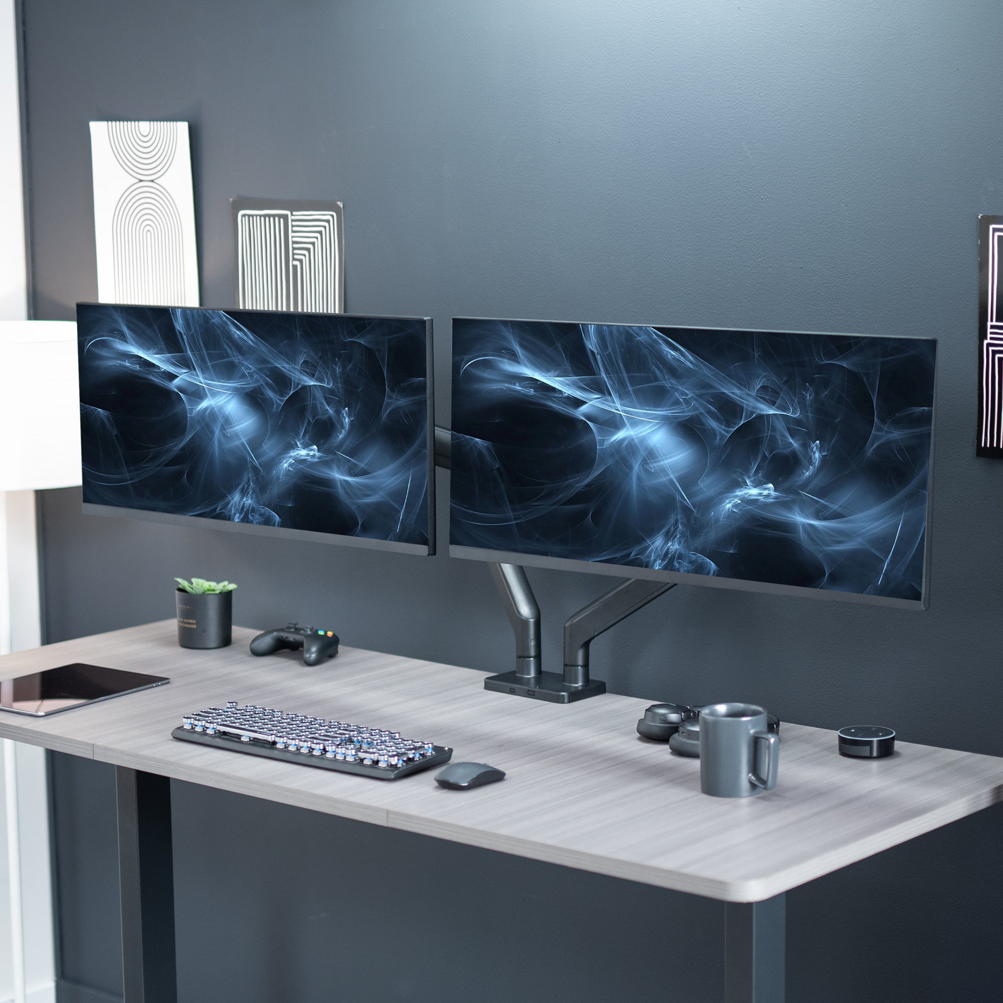 Mechanical Arm Height Adjustable Dual Ultrawide Monitor Desk Mount in an Office Setup