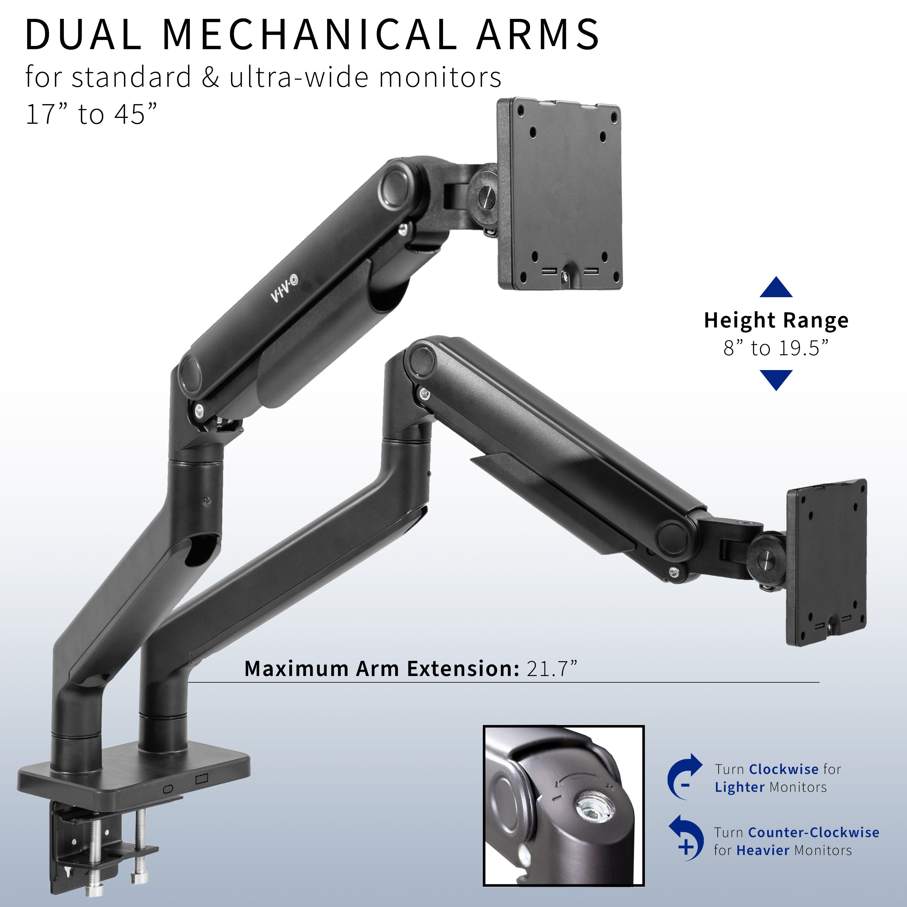 Mechanical Arm Dual Ultrawide Monitor Desk Mount - Up to 45" Screens