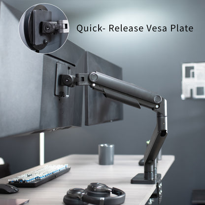 Mechanical Arm Height Adjustable Dual Ultrawide Monitor Desk Mount with Quick-Release VESA Plate