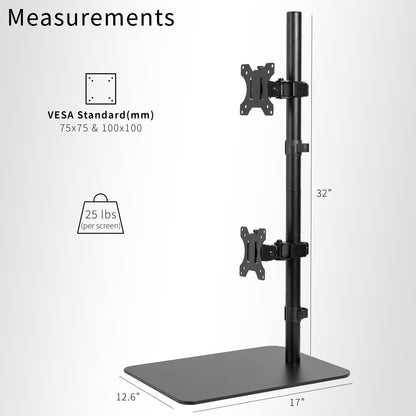 Dual Ultrawide Vertical Monitor Desk Stand elevates 2 large monitors in a vertically stacked array for comfortable viewing angles and efficient use of desk space. The freestanding base provides excellent support with no need to drill or clamp into your desktop.