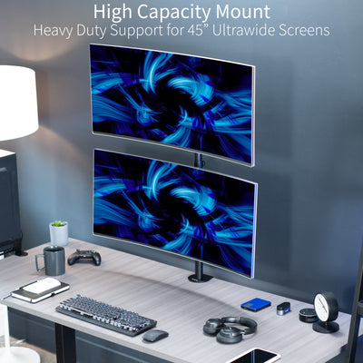 Dual Ultrawide Vertical Monitor Desk Mount elevates 2 large screens in a vertically stacked array to save desk space and create comfortable viewing angles.