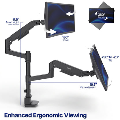 Pneumatic Arm Dual Ultrawide Monitor Desk Mount - Up to 49" Screens