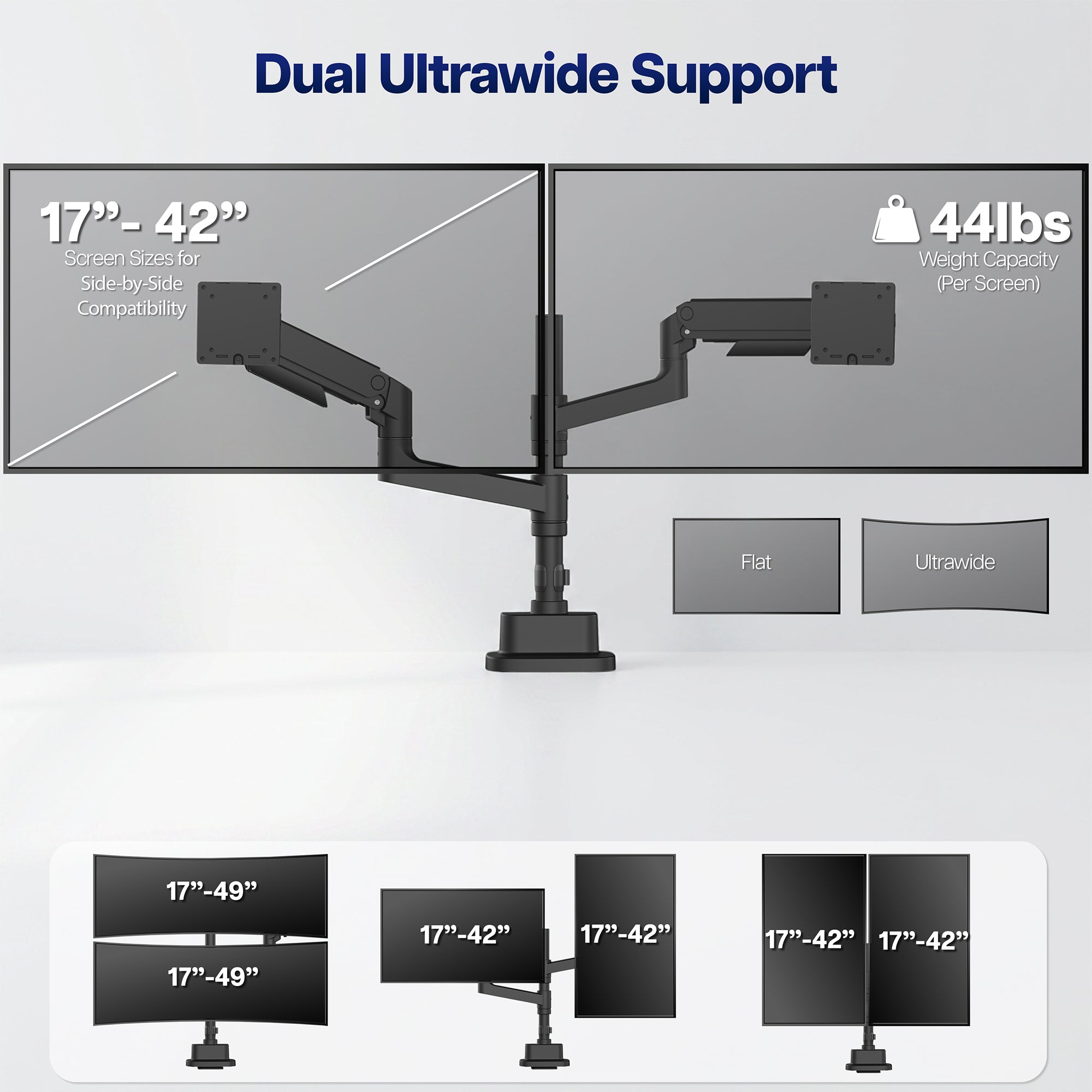 Pneumatic Arm Dual Ultrawide Monitor Desk Mount - Up to 49" Screens