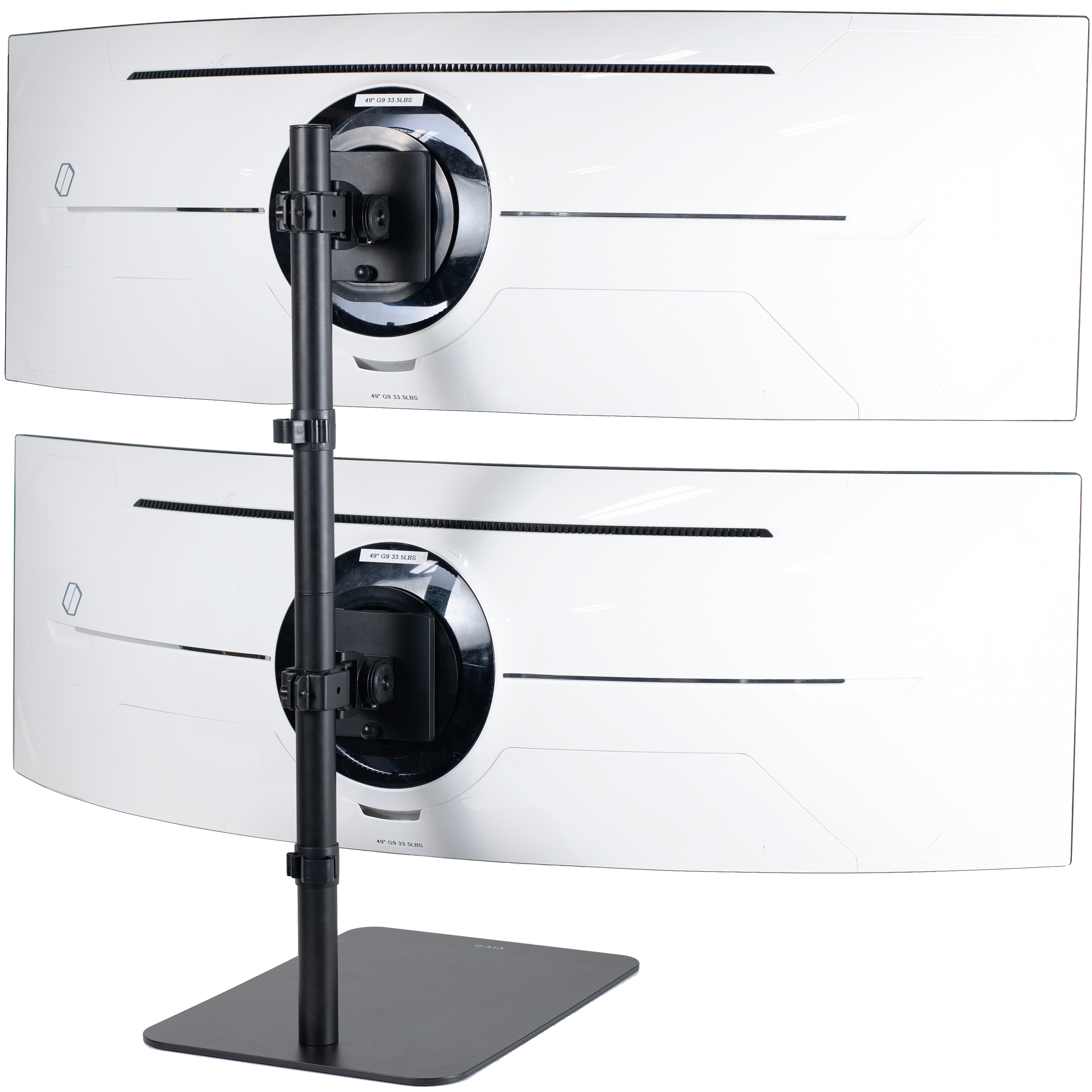 Dual Ultrawide Vertical Monitor Desk Stand elevates 2 large monitors in a vertically stacked array for comfortable viewing angles and efficient use of desk space. The freestanding base provides excellent support with no need to drill or clamp into your desktop.