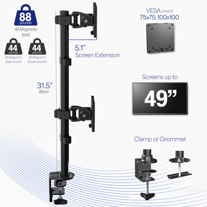 Stacked vertical dual monitor ultrawide desk mount with height adjustment, tilt, swivel, and integrated cable management.