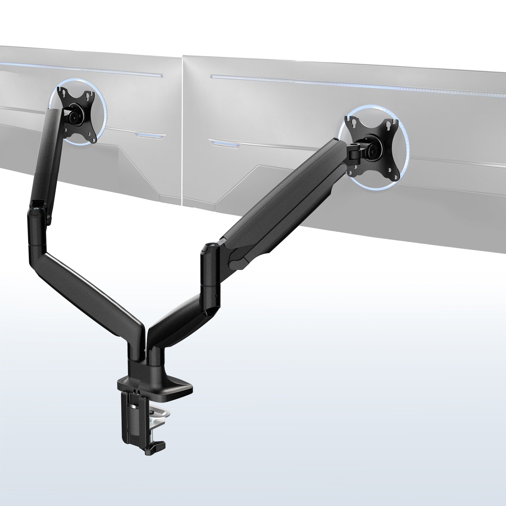 A dual ultrawide monitor desk mount with pneumatic arms, in black color, shown with two alternative mounting options.
