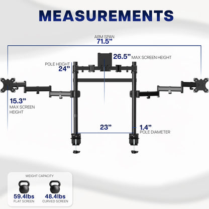 2-Pole Triple Monitor Desk Mount (1 Ultrawide + 2 Standard) - Up to 49" Screens