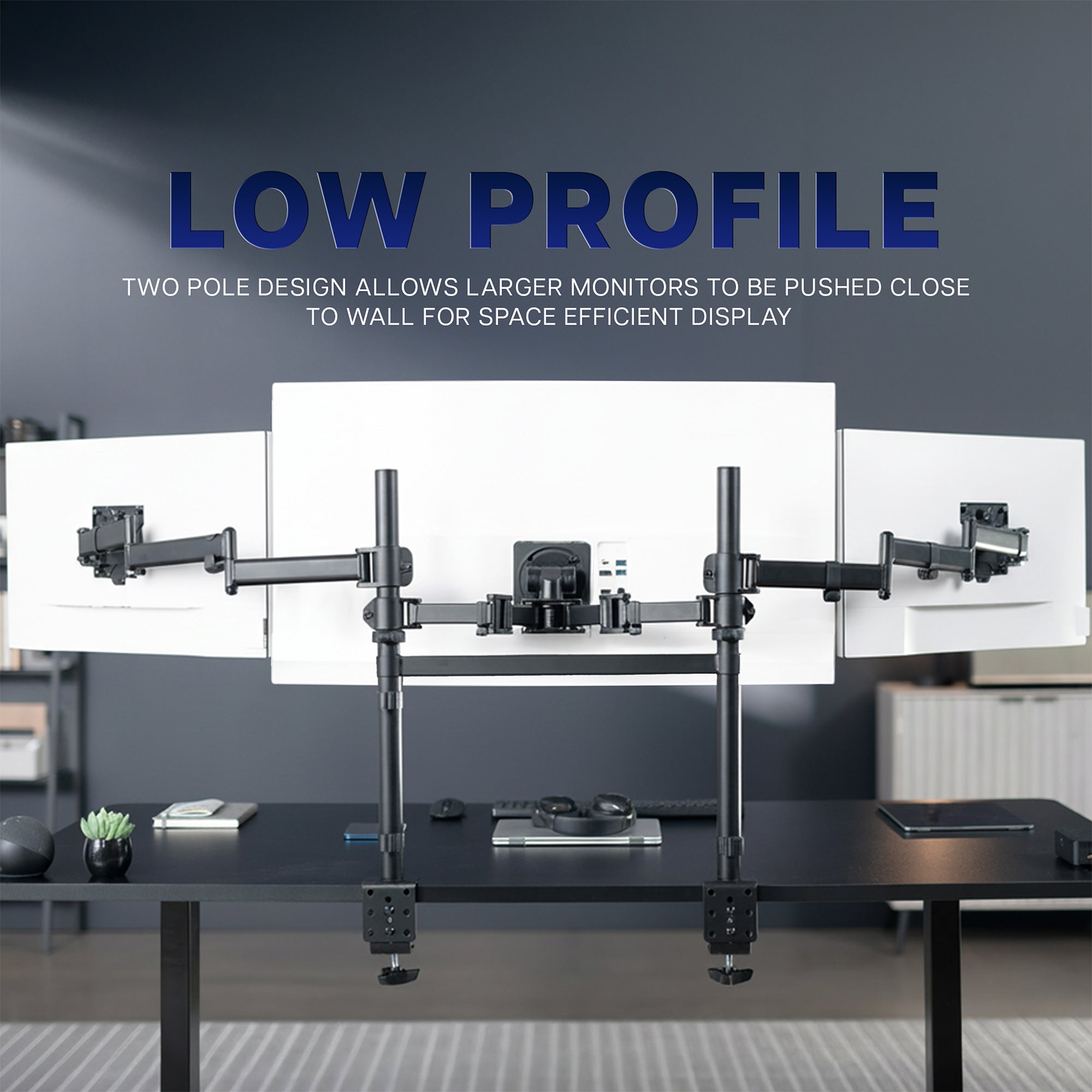 Multi-monitor stand with text highlighting its low profile design in a home office setting.