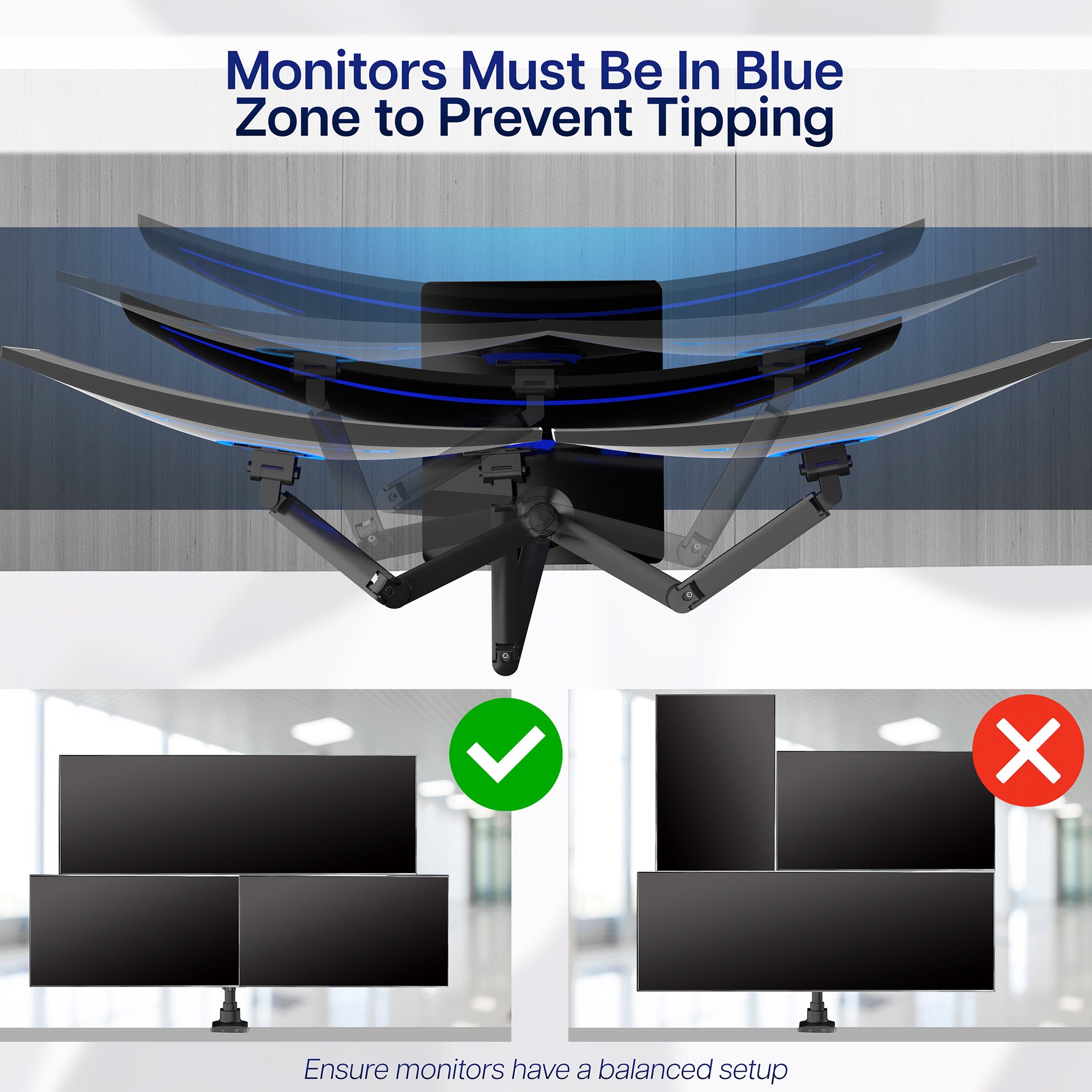 Pneumatic Arm Triple Ultrawide Monitor Extra Tall Desk Stand - Up to 49" Screens