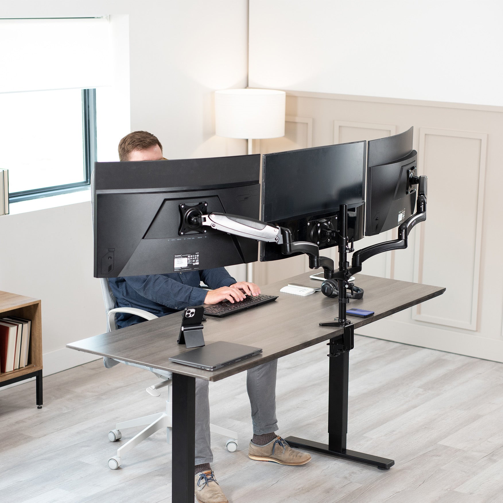 Triple Monitor Height Adjustable Desk Mount, 2 Pneumatic Arms, 1 Fixed, Counterbalance Stand