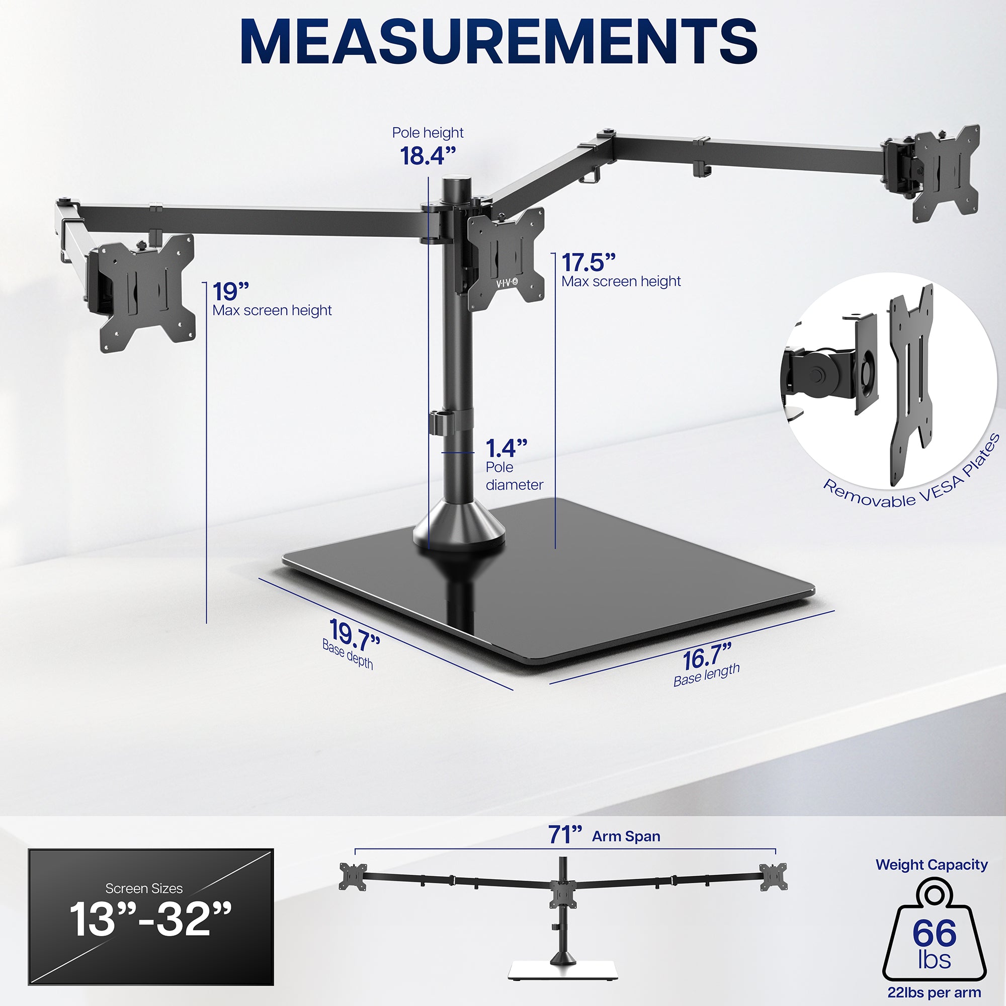 Triple Monitor Desk Stand - 13” to 32" Screens