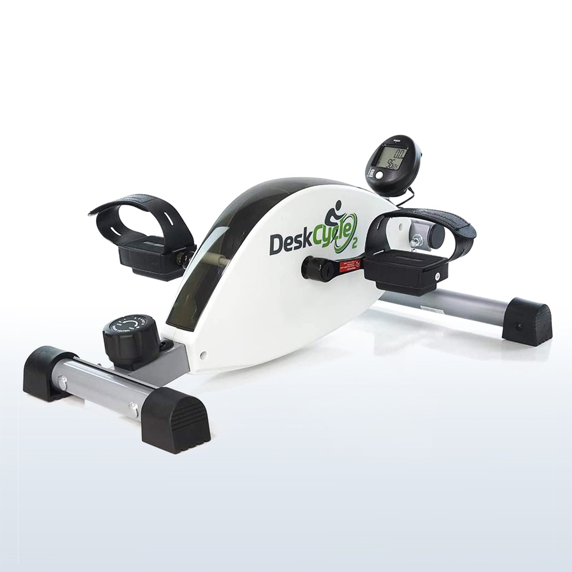 A white and black DeskCycle desk exercise bike with a digital display screen, shown on a light gradient background.