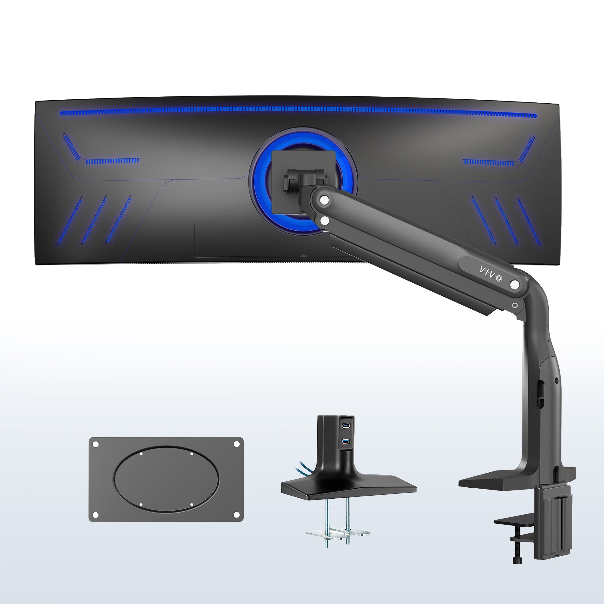 Sturdy adjustable pneumatic arm single ultrawide monitor ergonomic desk mount with USB ports for office workstation.