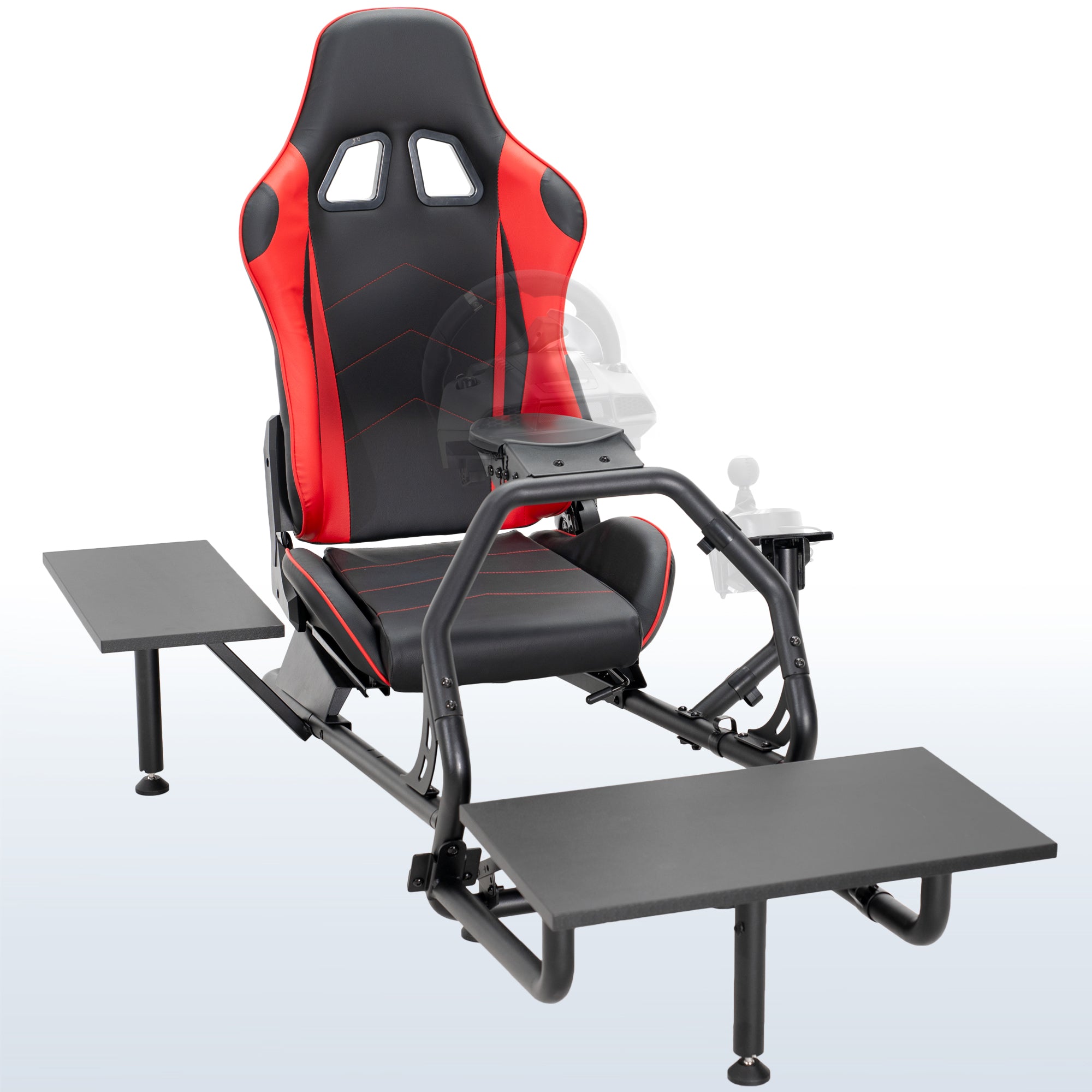Racing simulator cockpit gaming chair with PC shelf and side shelf.
