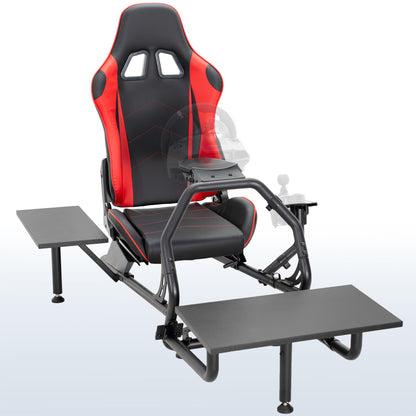 Racing simulator cockpit gaming chair with PC shelf and side shelf.