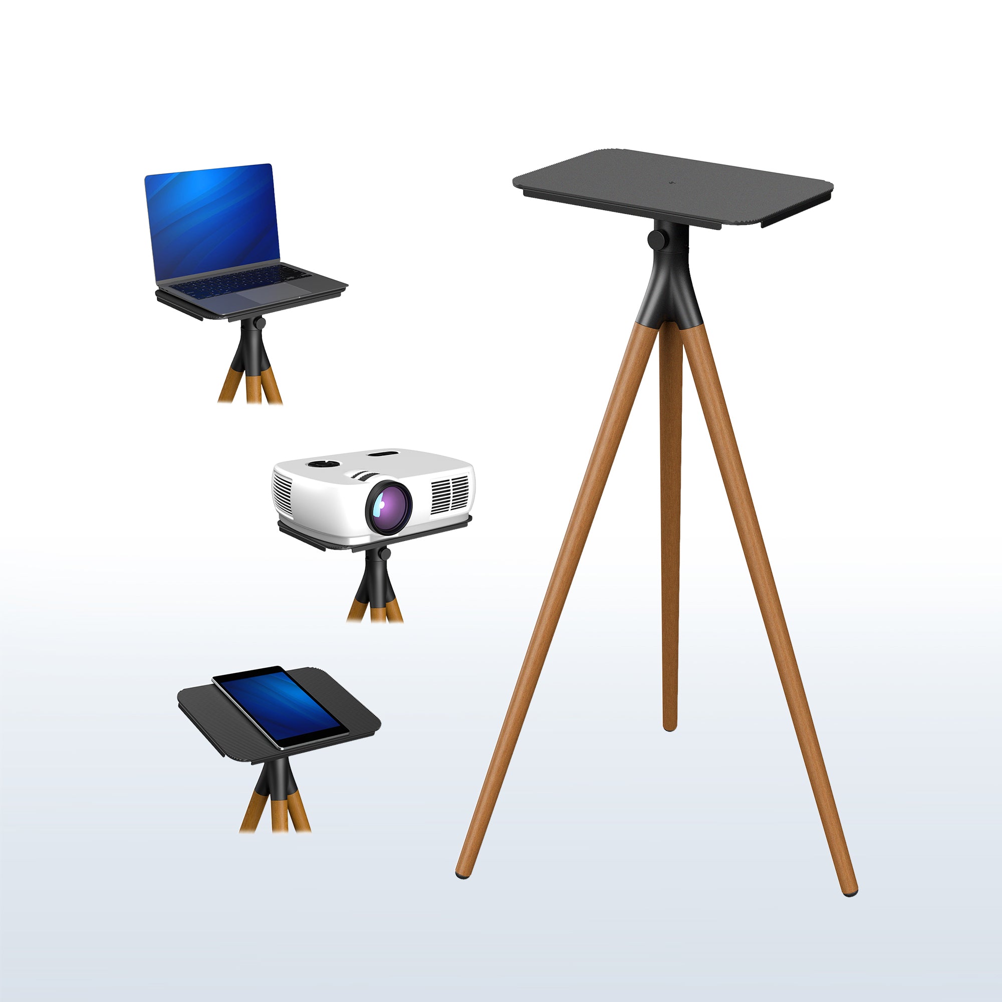 A multi-functional dark walnut easel studio projector stand with an adjustable platform and tripod legs, capable of holding a laptop, projector, and tablet.