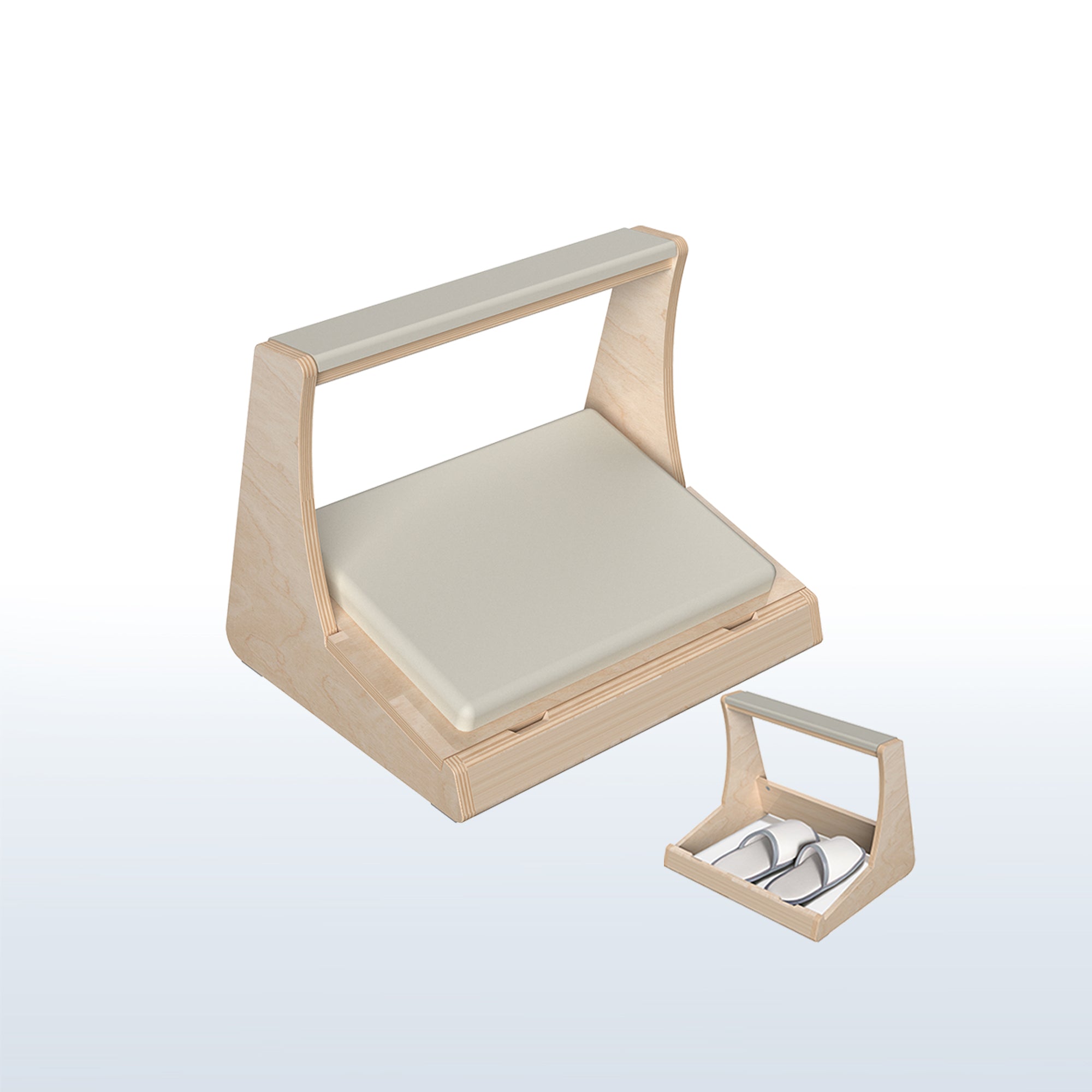 A birch wood footrest with a white cushion on top and storage compartment beneath.