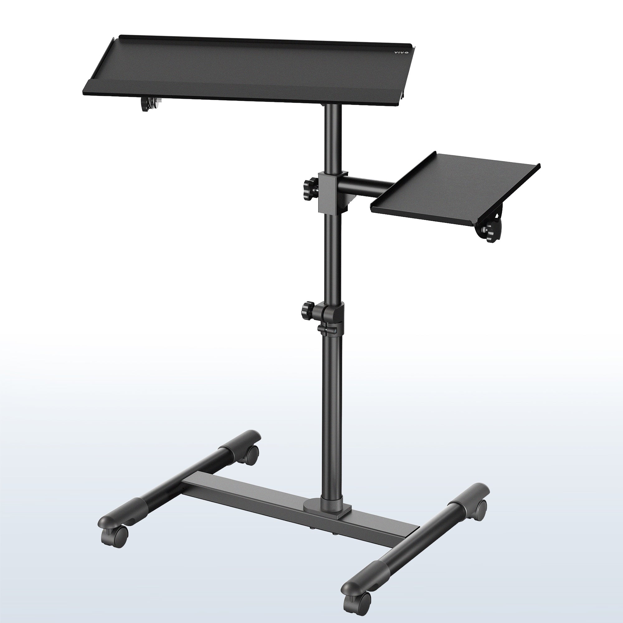 A black freestanding keyboard tray cart with an adjustable height mechanism and wheels for mobility.