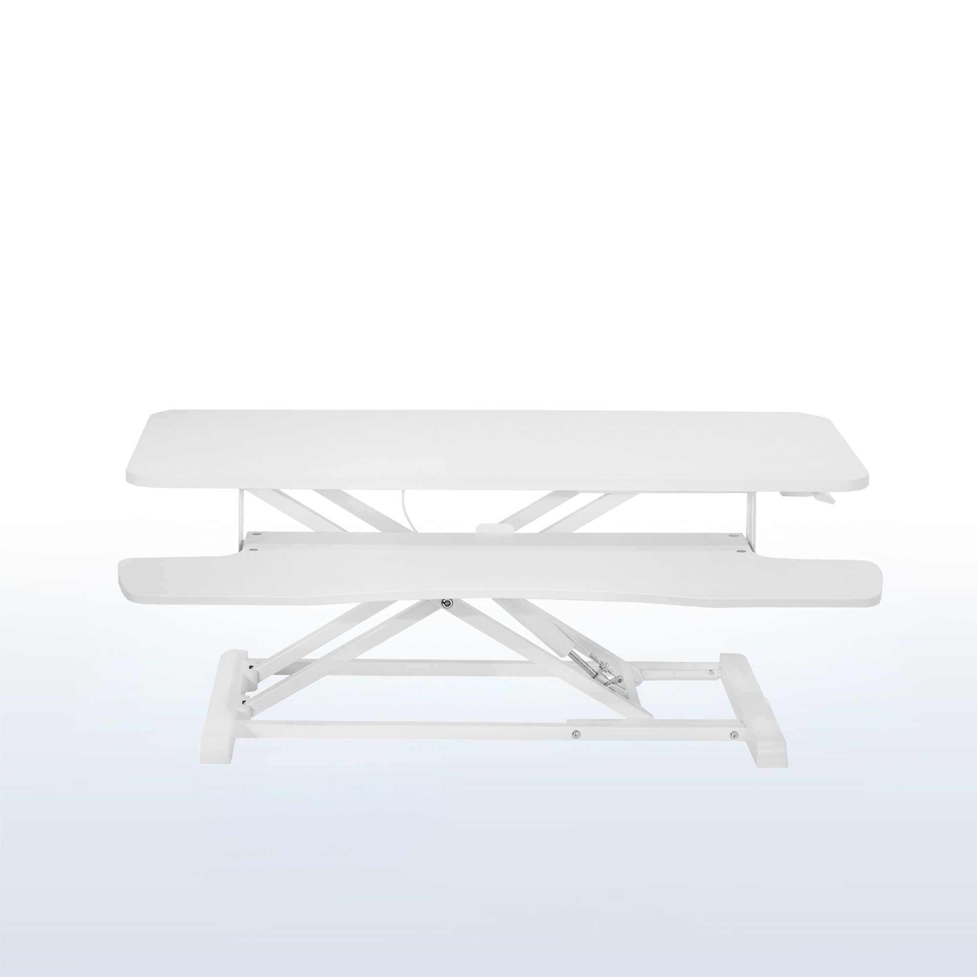 Heavy-duty height adjustable desk converter monitor riser with 2 tiers.